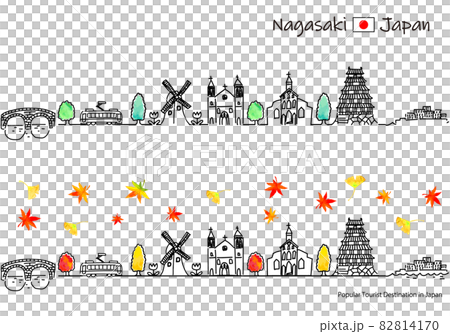 秋季長崎縣觀光景點城市景觀簡筆劃集 82814170