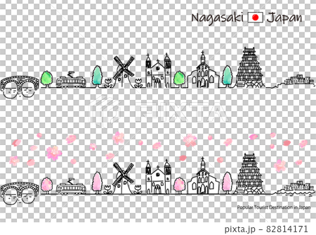 春の長崎県の観光地の街並みシンプル線画セット 82814171