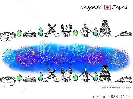 長崎県の観光地の街並みと花火のシンプル線画セット 82814172