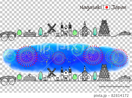 煙花與長崎縣觀光景點街景的簡單線描 82814172