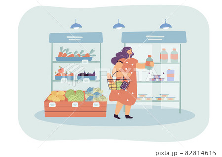 Female cartoon customer choosing goods in supermarket 82814615