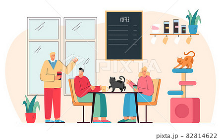 Cute cartoon couple drinking coffee in cat cafe 82814622