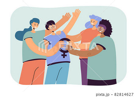 Cartoon women holding female symbol together 82814627