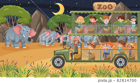Safari at night scene with many kids watching elephant group 82814700