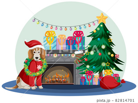 Fireplace with a dog and Christmas decorations 82814701