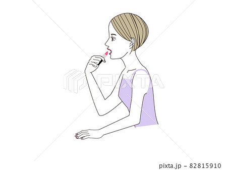口紅を塗っている女性 上半身 横顔のイラスト素材