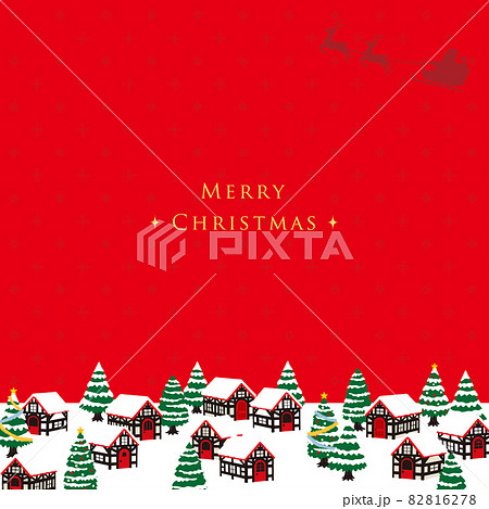 クリスマスの街並みとサンタクロース ドット柄の雪　赤背景 正方形 文字あり 82816278