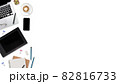 flat lay workspace table with laptop computer, office supplies, coffee cup, tablet and cell phone on white background 82816733