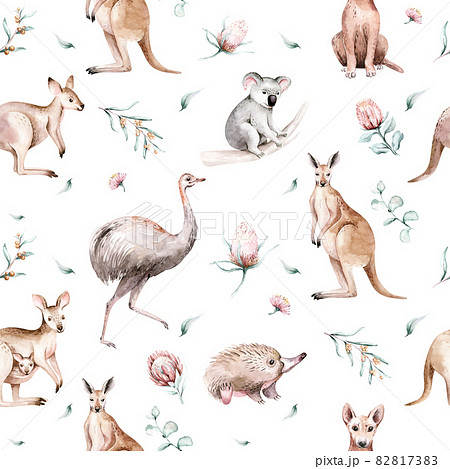 Watercolor australian cartoon kangaroo emu, koala and flying fox seamless pattern. Australian kangaroos set kids illustration. Nursery wallpaper art 82817383