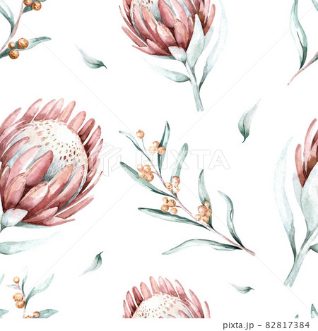 Protea seamless pattern flower. watercolor tropical leaves, hand painted illustration of exotic floral elements background, can be used for greeting cards and invitations Protea seamless pattern flower. watercolor tropical leaves, hand painted illustration of exotic floral elements background, can be used for greeting cards and invitations 82817384
