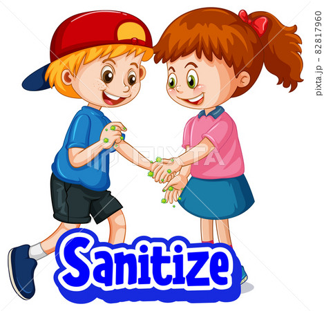 Two kids cartoon character do not keep social distance with Sanitize font isolated on white background 82817960