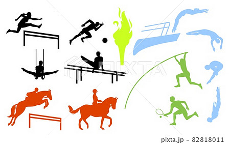 Sport people set. Gymnastics, football, springboard platform diving, equestrian sport, tennis athlete vector silhouettes Sport people set. Gymnastics, football, springboard platform diving, equestrian sport, tennis athlete vector silhouettes 82818011