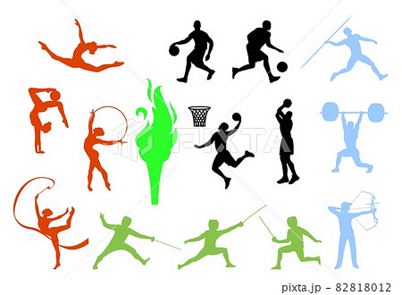 Sport people set. Gymnastics, fencing, archery, javelin throw, basketball, bodybuilding athlete silhouettes, vector. Sport people set. Gymnastics, fencing, archery, javelin throw, basketball, bodybuilding athlete silhouettes, vector. 82818012