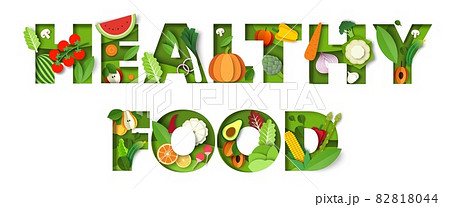Healthy food typography vector banner template. Paper cut fresh vegetables and fruits. Vegan diet, organic nutrition. Healthy food typography vector banner template. Paper cut fresh vegetables and fruits. Vegan diet, organic nutrition. 82818044