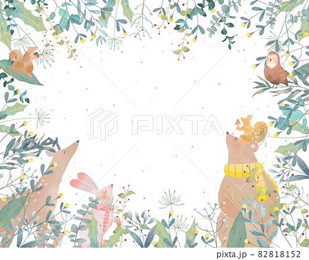 森のかわいい動物と植物の北欧風オシャレな雪がふる冬ベクターフレームイラストベクター素材 森のかわいい動物と植物の北欧風オシャレな雪がふる冬ベクターフレームイラストベクター素材 82818152