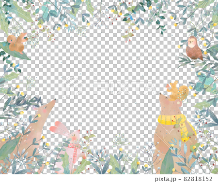Scandinavian fashionable snowfall winter vector frame illustration vector material of cute animals and plants in the forest 82818152