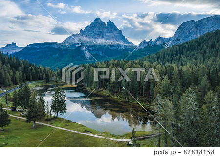 Aerial view of Lago Antorno Lake,Tre Cime di Lavaredo mountain in background, Dolomites, Italy 82818158