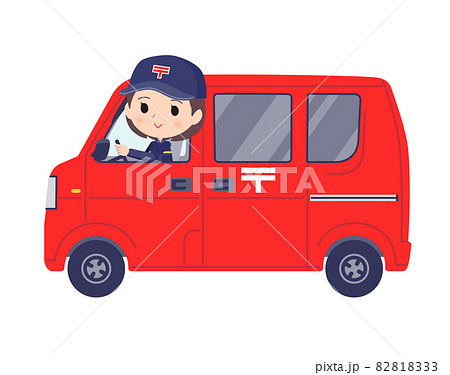 郵便車に乗った郵便配達員女性のセットのイラスト素材 8133