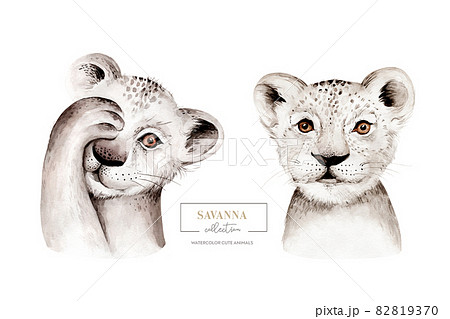 Africa watercolor savanna lion, animal illustration. African Safari wild cat cute exotic animals face portrait character. Isolated on white poster design Africa watercolor savanna lion, animal illustration. African Safari wild cat cute exotic animals face portrait character. Isolated on white poster design 82819370