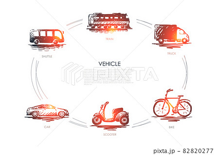 Vehicle - train, car, shuttle, truck, bike, scooter vector concept set Vehicle - train, car, shuttle, truck, bike, scooter vector concept set 82820277