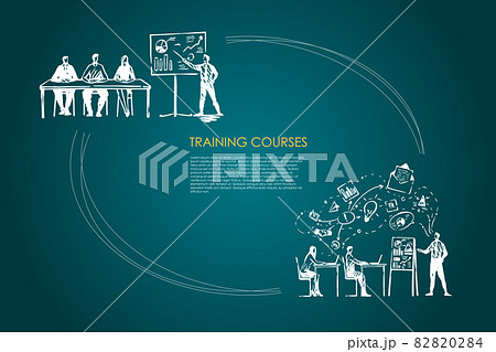 Training courses - students listening to presentation and sitting in classrom vector concept set Training courses - students listening to presentation and sitting in classrom vector concept set 82820284