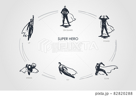 Super Hero - up, strikes, fly, soar, power, on guard vector concept set 82820288