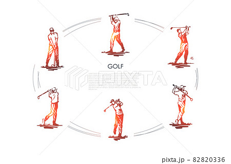 Golf - man with golf club in different active poses vector concept set Golf - man with golf club in different active poses vector concept set 82820336