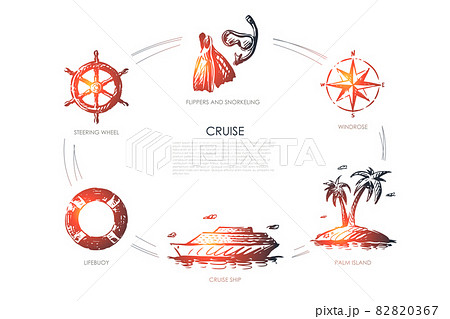 Cruise - steering wheel, lifebuoy, cruise ship, palm island, windrose, flippers and snorkeling vector concept set 82820367