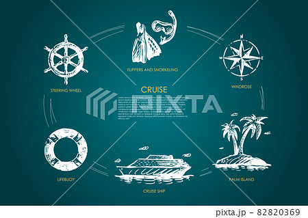 Cruise - steering wheel, lifebuoy, cruise ship, palm island, windrose, flippers and snorkeling vector concept set Cruise - steering wheel, lifebuoy, cruise ship, palm island, windrose, flippers and snorkeling vector concept set 82820369