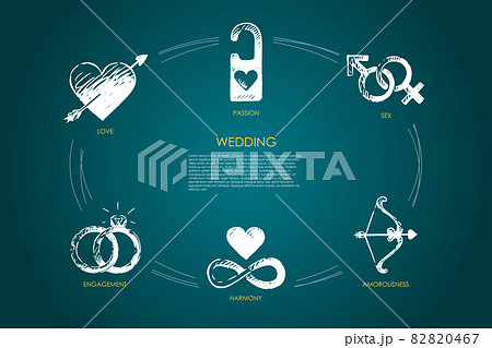 Wedding - love, sex, engagement, harmony, amorousness, passion vector concept set Wedding - love, sex, engagement, harmony, amorousness, passion vector concept set 82820467