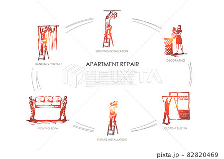 Apartment repair - hanging curtain, moving sofa, fixture installation, custom built-in, decorating, lighting installation vector concept set Apartment repair - hanging curtain, moving sofa, fixture installation, custom built-in, decorating, lighting installation vector concept set 82820469