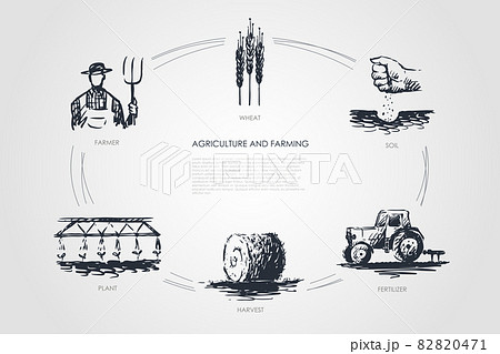 Agriculture and Farming -farmer, soil, wheat, plant, harvest, fertilizer vector concept set Agriculture and Farming -farmer, soil, wheat, plant, harvest, fertilizer vector concept set 82820471