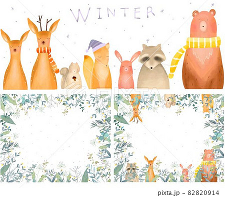 森のかわいい動物と植物の北欧風オシャレな雪の降る冬ベクターフレームセットイラストベクター素材のイラスト素材 82820914 Pixta