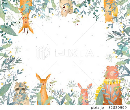 かくれんぼする森のかわいい動物と植物の北欧風雪がふる冬のイメージのフレームイラストベクター素材 82820999