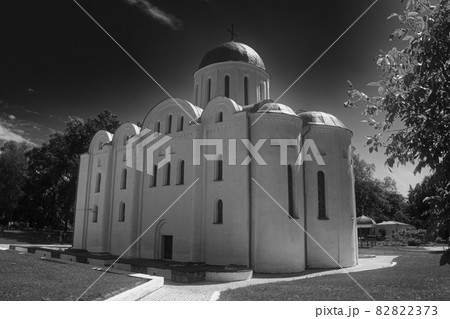 Boris and Gleb Cathedral or Borisoglebsky Cathedral. Famous architectural monument of the pre-Mongol period. Chernihiv city. Film grain. 82822373