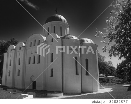 Boris and Gleb Cathedral or Borisoglebsky Cathedral. Famous architectural monument of the pre-Mongol period. Chernihiv city. Film grain. 82822377