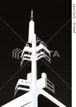 Zizkov Television Tower against the sky. Black and white image. Zizkov Television Tower against the sky. Black and white image. 82822485