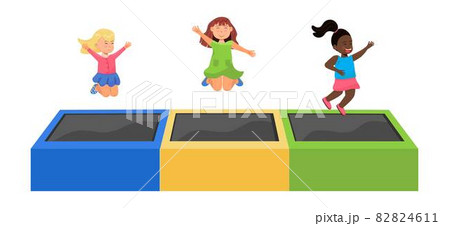 Kid jumping on trampoline. Children leisure, kids zone, active rest for little girl and boy. 82824611