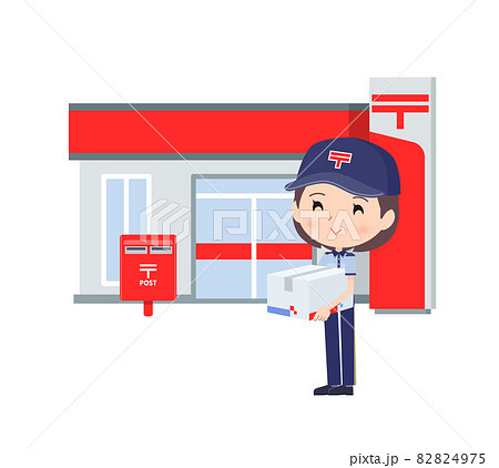 郵便局店舗と郵便配達員女性のセット 82824975