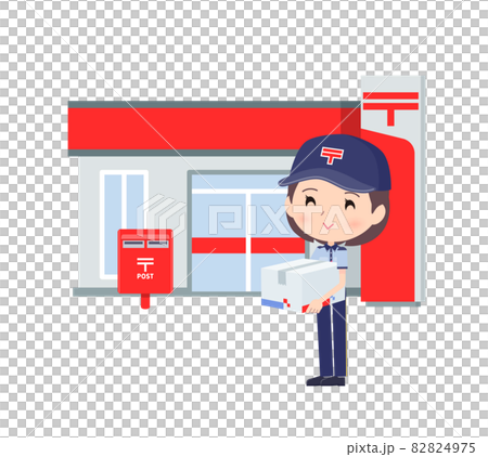 郵便局店舗と郵便配達員女性のセット 82824975