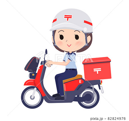 電動バイクに乗った郵便配達員女性のセット 82824976