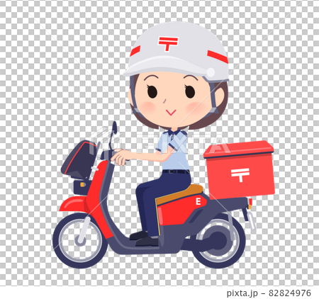 電動バイクに乗った郵便配達員女性のセット 82824976