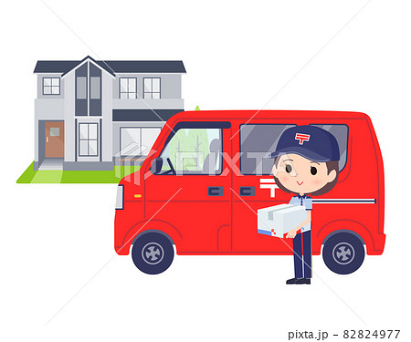 郵便車と郵便配達員女性のセット 82824977