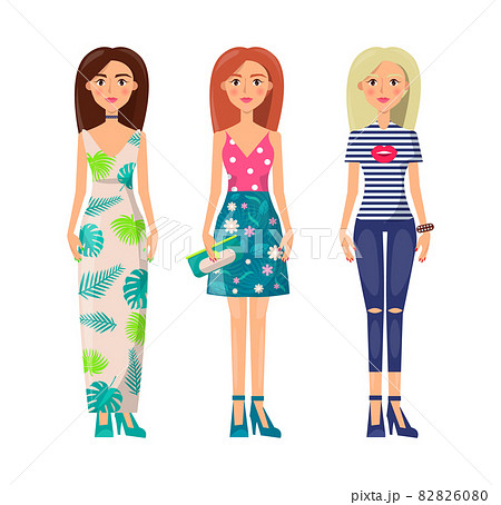 Three Cute Ladies In Vogue Clothes Vector Imageのイラスト素材 6080