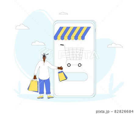 Online shopping. Man with huge smartphone and shopping bags. Online shopping. Man with huge smartphone and shopping bags. 82826684