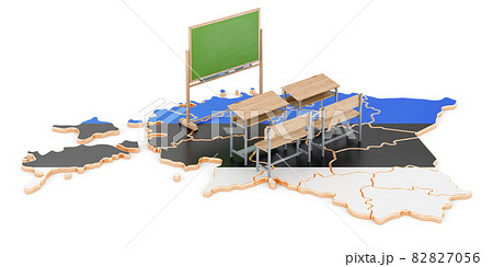 Education in Estonia, concept. School desks and blackboard on Estonia map. 3D rendering 82827056