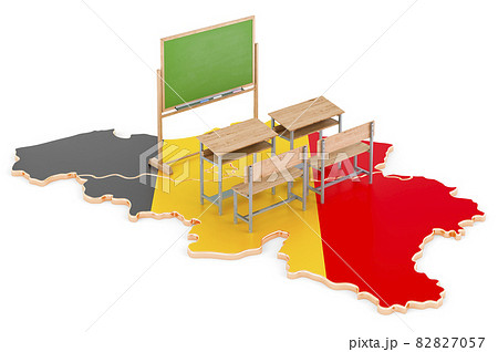 Education in Belgium, concept. School desks and blackboard on Belgium map. 3D rendering 82827057