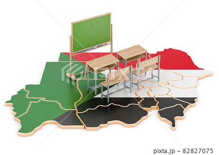 Education in Sudan, concept. School desks and blackboard on Sudan map. 3D rendering Education in Sudan, concept. School desks and blackboard on Sudan map. 3D rendering 82827075