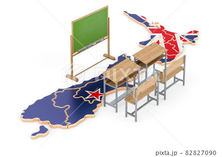 Education in New Zealand, concept. School desks and blackboard on New Zealand map. 3D rendering 82827090