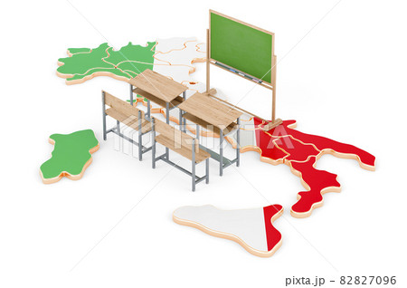 Education in Italy, concept. School desks and blackboard on Italy map. 3D rendering 82827096